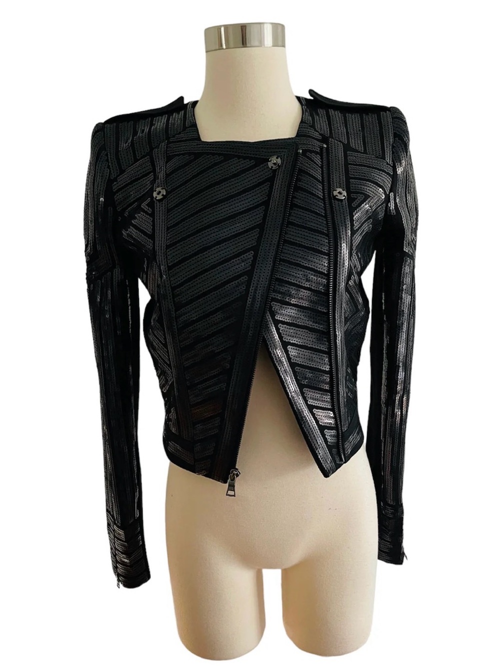 BCBGMAXAZRIA Black Sequin Moto Jacket Geometric Zip Crop Blazer Small - Picture 5 of 5